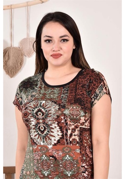 Dip Moda Kadın Desenli Büyük Beden Elbise Dpaysl62 Kahverengi