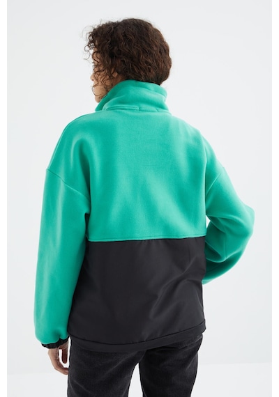 Tommy Life Deniz Yeşili Yarım Fermuar Etek Ucu Büzgülü Dik Yaka Oversize Kadın Polar Sweatshirt - 97236 Yeşil