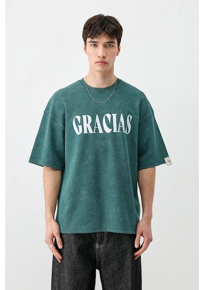 Vamos Oversize Baskılı Tişört V70-143 Yeşil