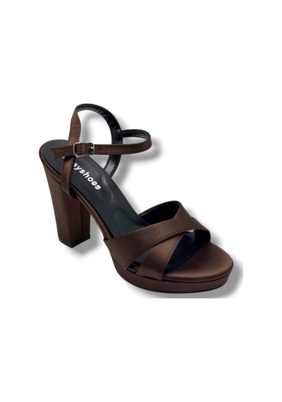 Erbay 308-26 Parlak Saten Çapraz Bant Kalın Topuk Kadın Sandalet 11cm Kahverengi