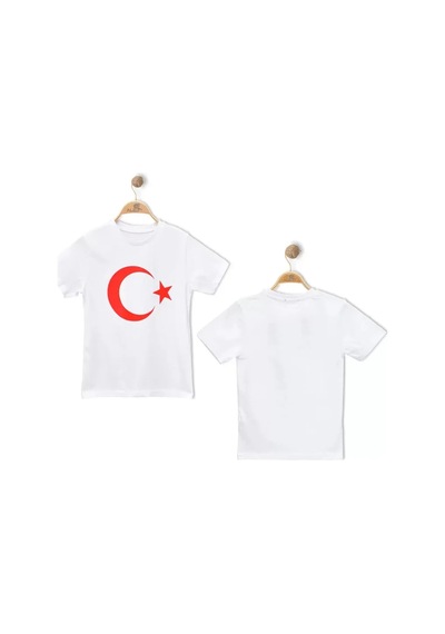 Alglıfe Unısex Çocuk Ay Yıldız Bayraklı Kısa Kol Tişört Beyaz