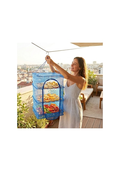 Buffer 3 Katlı Fermuarlı Sebze Meyve Kurutucu File 45x45 Cm Katlı Askılı Kurutma Filesi 56 Cm Uzunluk Mavi