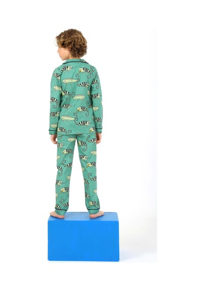Vitmo Erkek Çocuk Pijama Takımı Düğmeli Tropikal Desen Uzun Kollu Yeşil