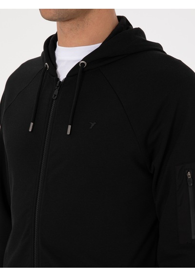 Siyah Regular Fit Tam Fermuarlı Kapüşonlu Sweatshirt