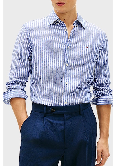 Tommy Hilfiger Çizgili Keten Regular Fit Uzun Kollu Gömlek Erkek Gömlek Mw0mw42400 0a4 Mavi-beyaz