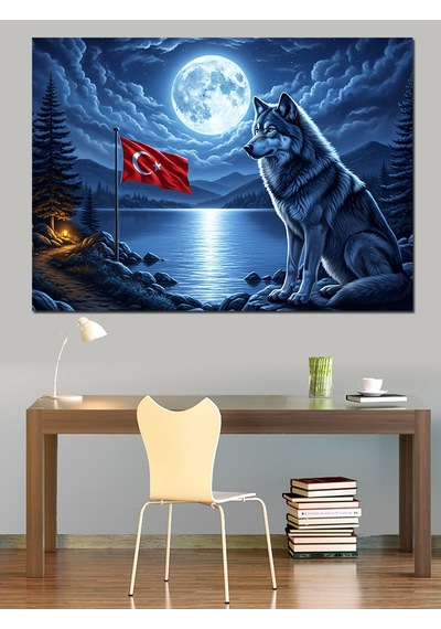 Ahşap Tablo Dolunay Altında Uluyan Kurt Silüeti Dekoratif Tablolar