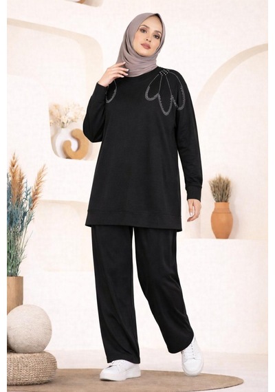 Hira Life Fashion Kadın Omzu Taşlı Ve Manşet Kol Tunik-pantolon İkili Takım Siyah Siyah