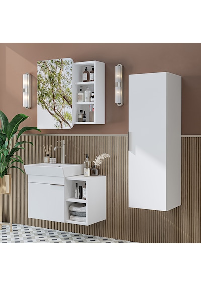Likya Kapaklı Ve Açık Raflı Mdflam Lavabolu 72 Cm Banyo Alt Dolabı + Üst Dolabı + Banyo Boy Dolabı Beyaz Beyaz Likya Kapaklı Ve Açık Raflı Mdflam Lavabolu 72 Cm Banyo Alt Dolabı + Üst Dolabı + Banyo Boy Dolabı Beyaz Beyaz
