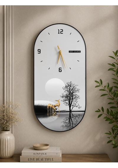 Doğanın Yansıması Geyik Temalı Dekoratif Oval Duvar Saati 60x30 Cm Modern Salon Ve Ofis Saati Siyah