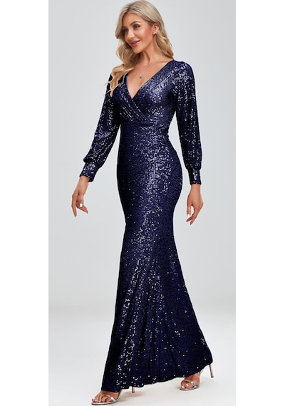 Hanife Glam Couture Hanife Glam Uzun Kollu Kruvaze Yaka Pullu Abiye Elbise Lacivert