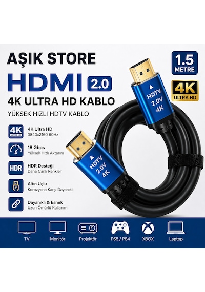 Hdmı 2.0 Kablo 1,5 Metre 4k Ultra Hd 18gbps Altın Uçlu Hdr Destekli Tv Monitör Ps5 Xbox Laptop Uyumlu