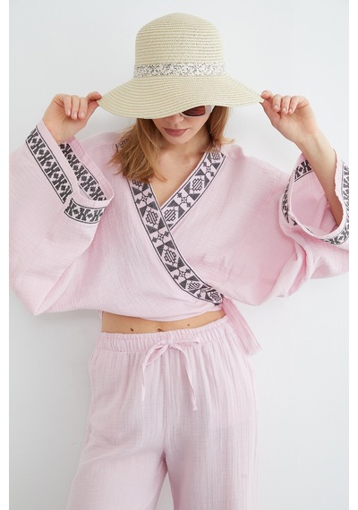 Fullamoda Yakası Ve Kolu Nakışlı Bağlamalı Kimono Pembe
