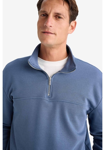 Defacto Relax Fit Dik Yaka Fermuarlı Basic Düz Kalın Sweatshirt E5334AX24WN İndigo
