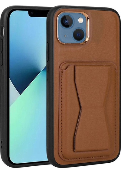 Apple Uyumlu iPhone 13 Kılıf Kartlıklı Standlı Pu Deri Zore Memo Kapak Kahverengi