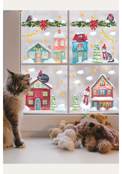 Yılbaşı Kedili Yılbaşı Şehri Yeni Yıl Karlı Şehir Cam Kapı Duvar Sticker Seti