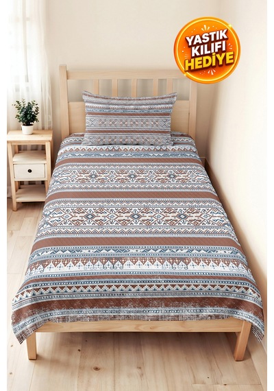 Etnik Geometrik Kahverengi Pike Takımı - Bohem Çizgili Mavi Bej 160x220 Cm Kapitone Yatak Örtüsü Lavantaımsı Koru Havası