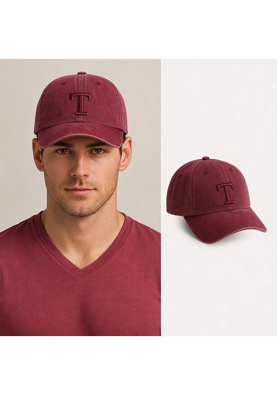 Tesbihane İsme Özel Harf Nakışlı Bordo Vintage Stil Eskitme Kumaş Ayarlanabilir Unisex Beyzbol Şapkası