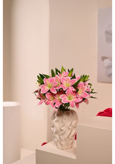 Pembe Yapay Zambak Çiçeği 2 Dallı Premium Canlı Islak Dokulu 45 Cm