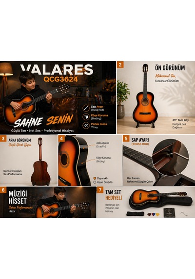 Valares Qcg3624 Klasik Gitar 39 4/4 Tam Boy Sap Ayarlı Truss Rod Köşe Korumalı Askı Aparatlı Parlak Gloss Sunburst