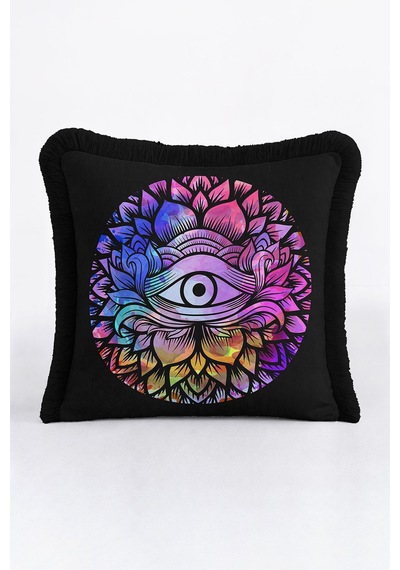 Spiritüel Lotus Motifli Saçaklı Yastık Kılıfı - Mistik Bohem Çok Renkli Püsküllü Kırlent Kılıfı Çok Renkli