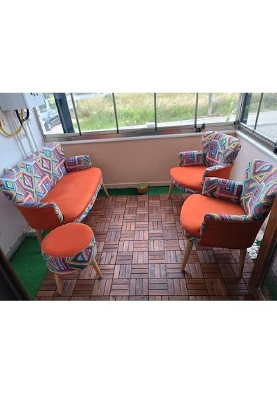 Azra Mobilya Çay Seti Koltuk Takımı - Cafe - Balkon - Bahçe - Ofis Mobilyası - Salon Oturma Grubu Karışık Desen Kiremit