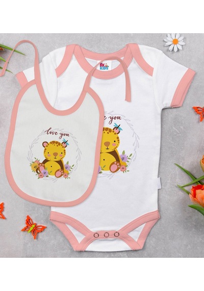 Bk Kids Love You Tasarımlı Pembe Bebek Body Zıbın Ve Mama Önlüğü Hediye Seti-1 Çok Renkli