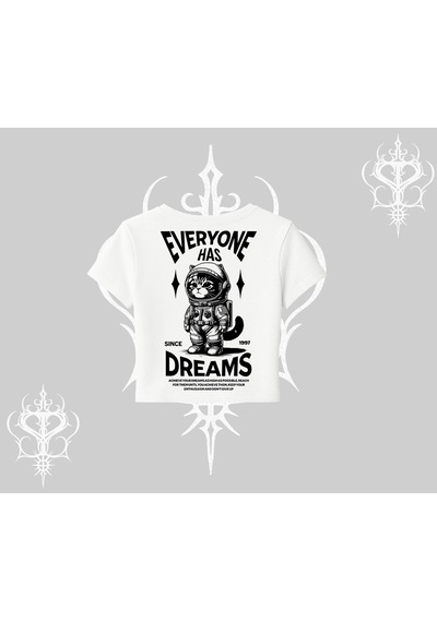 Tarzsokak Everyone Has Dreams Yazılı Astronot Kedi Arka Baskılı Babby Tee Tshirt Beyaz