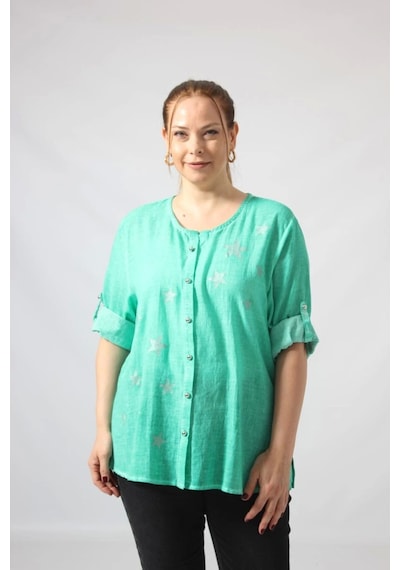 Moda Berray 3294 Yeşil Yıldız Baskılı Organik Keten Kumaş Mevsimlik Gömlek Yeşil