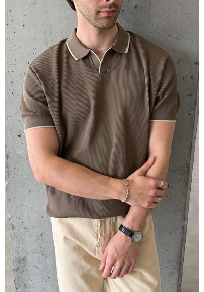 Erkek Oversize Selanik Polo Yaka Triko T-shirt Açık Kahve