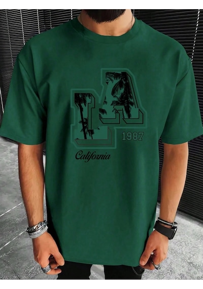 T-shirt - La 1987 Baskılı Oversize Bisiklet Yaka Kısa Kol Tişört Yeşil