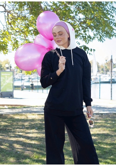 Balon Nakış Kapşonlu Sweatshirt Siyah