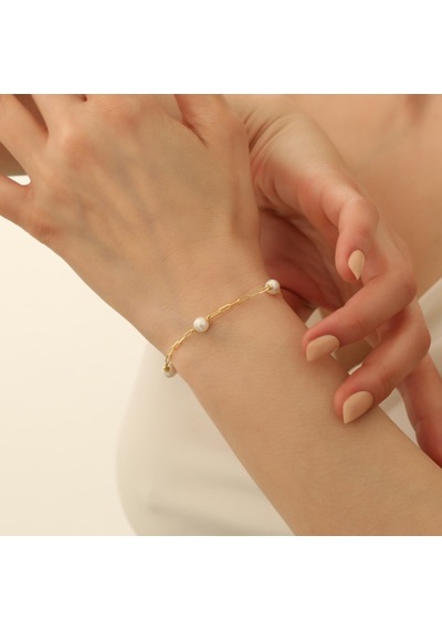 925 Ayar Gümüş Dikdörtgen Zincirli İnci Bileklik-6.20mm