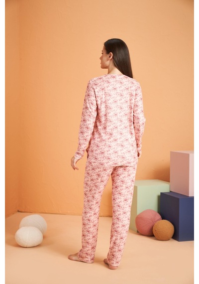 Pjs Kadın Düğmeli Yaka Çiçek Desenli Uzun Kollu Pijama Takım Pembe
