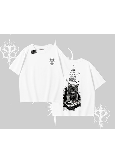Tarzsokak Dj Kedi Baskılı Müzik Temalı Oversize Tshirt Beyaz