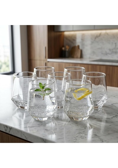 6'li Geometrik Cam Su Ve Meşrubat Bardağı Seti - Modern Kesim Kahve Yanı Bardağı 340 Ml Çok Renkli