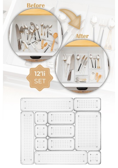 Vienev 12'li Şeffaf Çekmece Içi Düzenleyici Organizer 3x D.dkdrtgn 4x K.dkdrgn,k.kare 1x O.dkdrgn