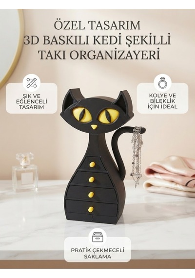 Özel Tasarım Kedi Şekilli Takı Organizajeri Siyah
