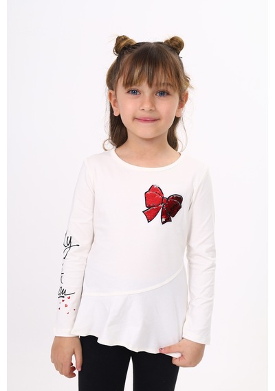 Toontoy Kids Toontoy Kız Çocuk Göğsü Pullu Fiyonklu Nakışlı T-shirt Ekru