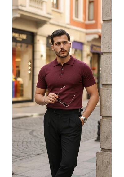 Defymoda Erkek Düğme Yakalı Kısa Kollu Pamuk Triko Tişört Altın