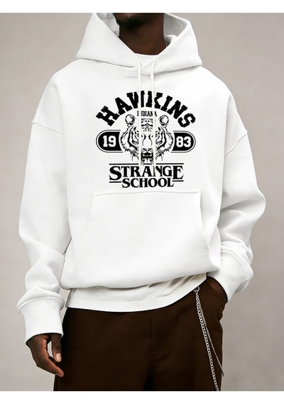 Startmore Startmorestrange School 1983 Baskılı Erkek Günlük Giyim Modası Bol Kapüşonlu Üstler Her Şeyle Uyumlu S Beyaz
