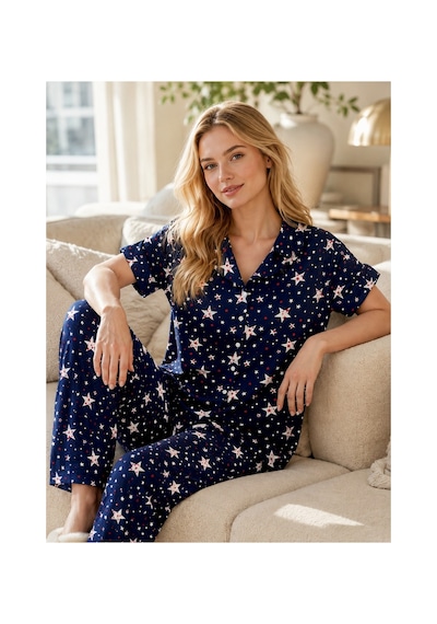 Rindahomewear Kadın Milan Büyük Yıldız Desenli Düğmeli Pijama Takımı Lacivert