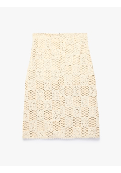Koton A Kesim Çiçek Motif Detaylı Ajurlu Kroşe Midi Etek Ekru 6sak10339ek