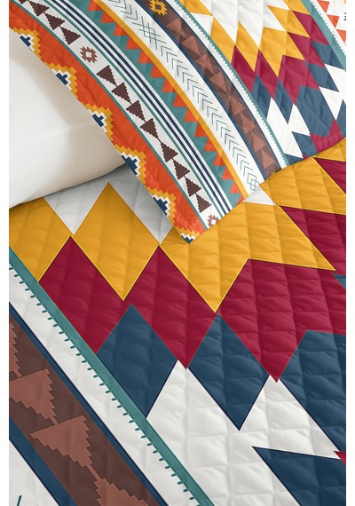 Etnik Geometrik Turkuaz Genç Odası Tek Kişilik Pike Takımı - Bohem Hardal 160x220 Cm Yatak Örtüsü Mercansı Ot Aurası