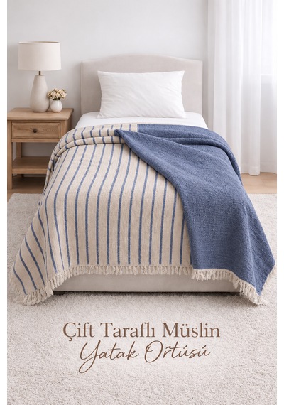 8 Kat Müslin Çift Yönlü Yatak Örtüsü 170x230 İndigo