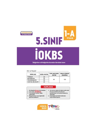2026 5.Sınıf Topaç Yayınları İOKBS-BURSLULUK 6lı Deneme Paketi Dijital Çözümlü Türkiye Geneli