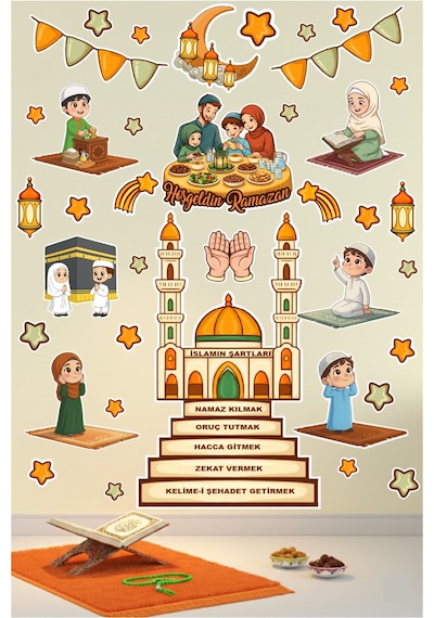 Ramazan Temalı Eğitici Duvar Sticker Seti - Hoşgeldin Ramazan Çocuk Odası Süslemesi