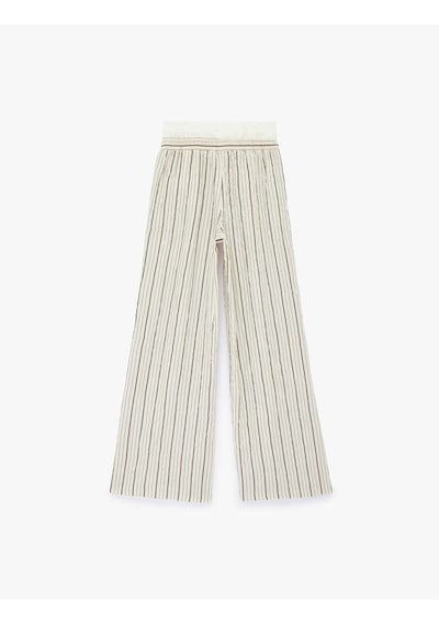 Koton Viskon Kumaş Yüksek Bel Düğme Detaylı Geniş Paça Çizgili Pantolon Ekru Çizgili 6sak40353uw Koton Viskon Kumaş Yüksek Bel Düğme Detaylı Geniş Paça Çizgili Pantolon Ekru Çizgili 6sak40353uw