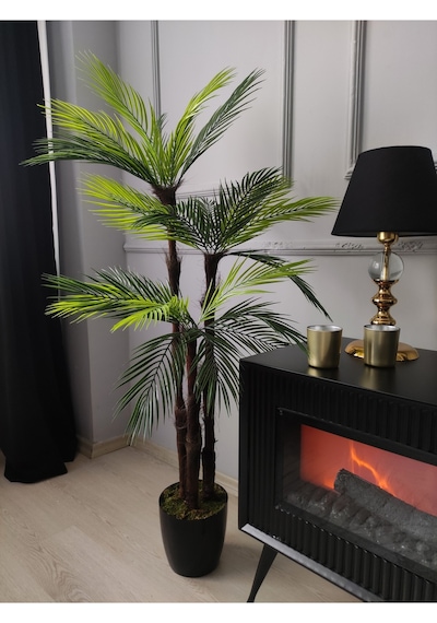 Lüks Palmiye Ağacı Salon İçin Yapay Ağaç 150 Cm 3 Gövde 27 Yaprak Siyah Parlak Saksıda