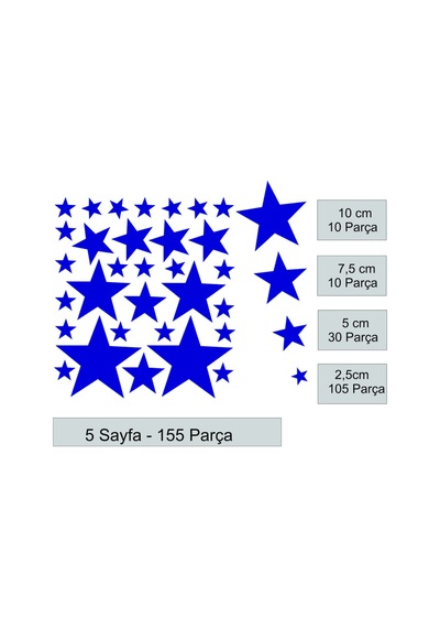 Yıldız Duvar Sticker - 2,5 - 5 - 7,5 - 10cm Karışık Ebatlarda - 155 Adet Lacivert