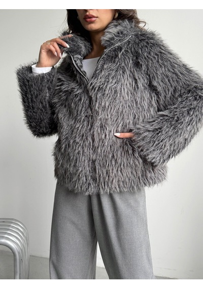 Verymoda Yapay Kürk Kadın Ceket Fermuarlı, Yumuşak Dokulu Modern Kışlık Mont F2037 Gri